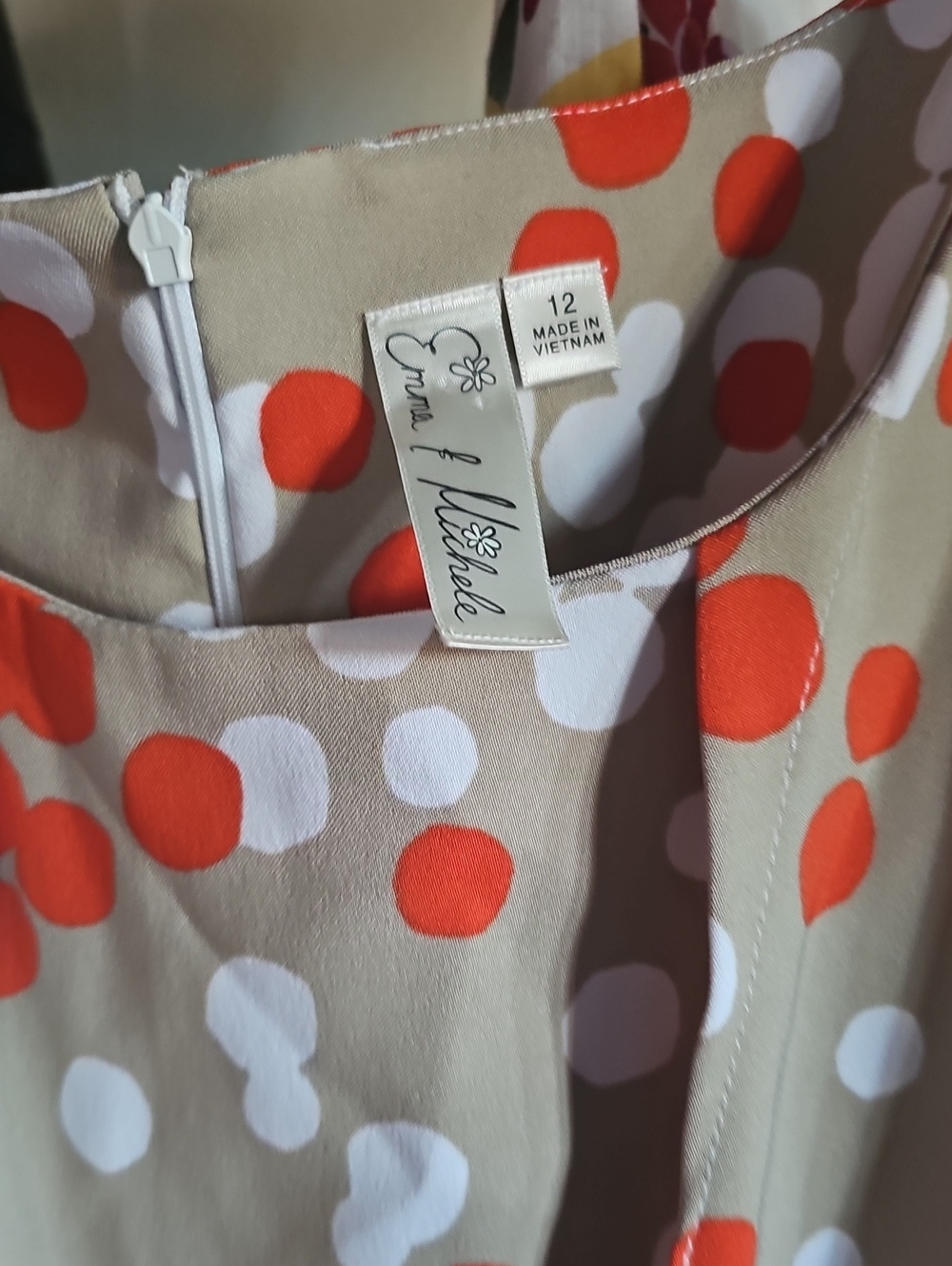 Emma &. Michele Beige Polka Dot Dress with Orange & White Dots